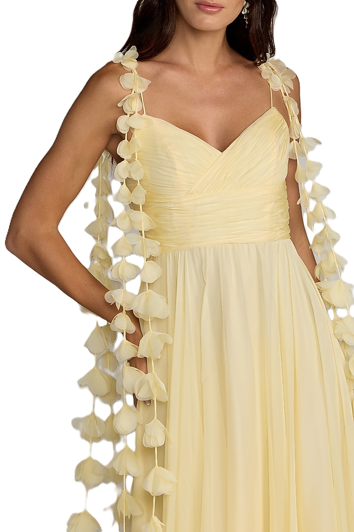 Yellow Chiffon Floral Pleated Engagement Gown by Mac Duggal at Pernia's Pop Up Shop