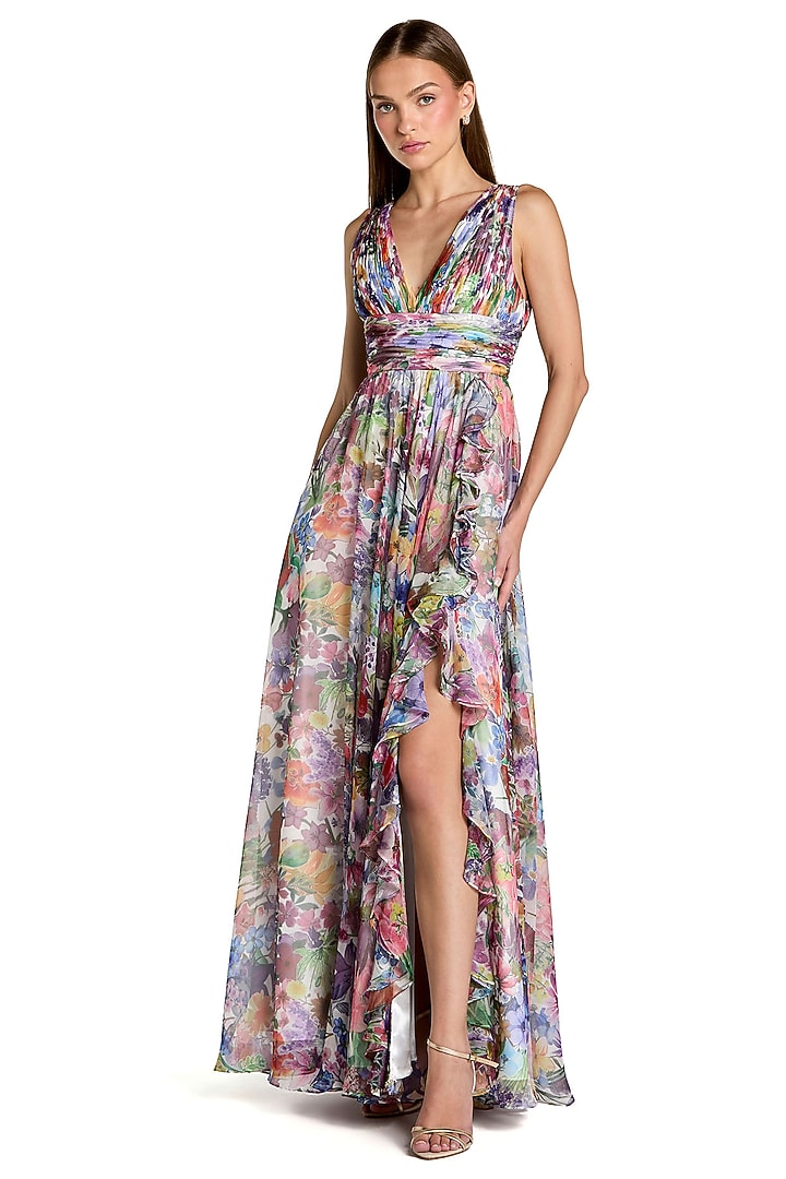 Multi-Colored Chiffon Ruched Maxi Cocktail Dress by Mac Duggal at Pernia's Pop Up Shop