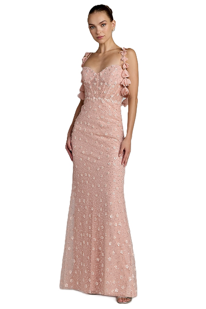 Rose Gold Polyester Floral Applique Corset Engagement Gown by Mac Duggal at Pernia's Pop Up Shop