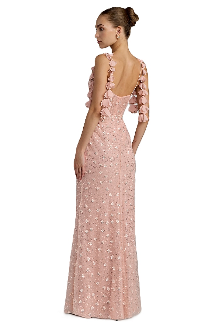 Rose Gold Polyester Floral Applique Corset Engagement Gown by Mac Duggal at Pernia's Pop Up Shop
