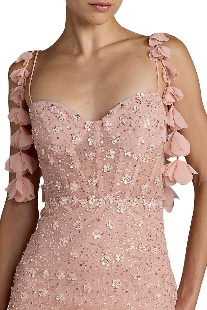 Rose Gold Polyester Floral Applique Corset Engagement Gown by Mac Duggal at Pernia's Pop Up Shop