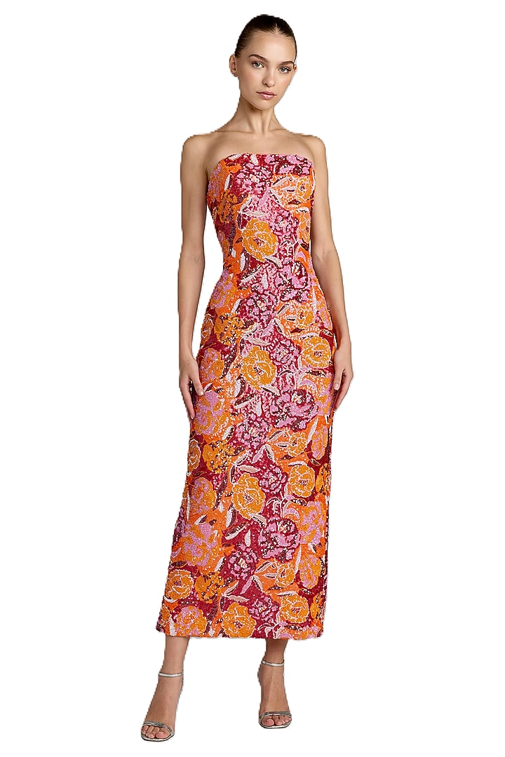 Orange Polyester Sequins Floral Embellished Cocktail Dress by Mac Duggal at Pernia's Pop Up Shop
