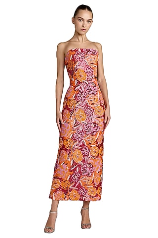 Orange Polyester Sequins Floral Embellished Dress by Mac Duggal