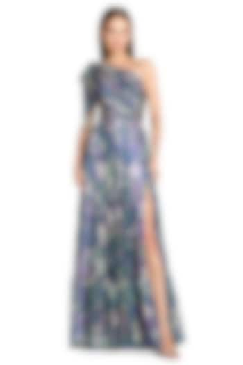 Purple Chiffon Floral Printed One Shoulder Engagement Gown by Mac Duggal at Pernia's Pop Up Shop