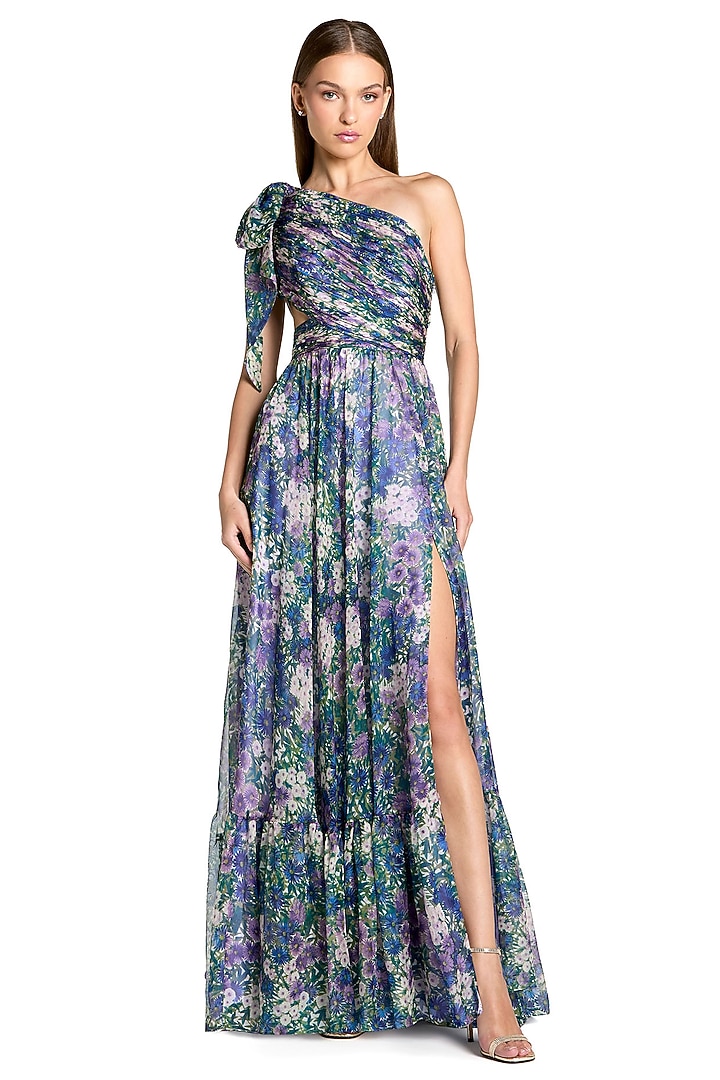 Purple Chiffon Floral Printed One Shoulder Engagement Gown by Mac Duggal at Pernia's Pop Up Shop