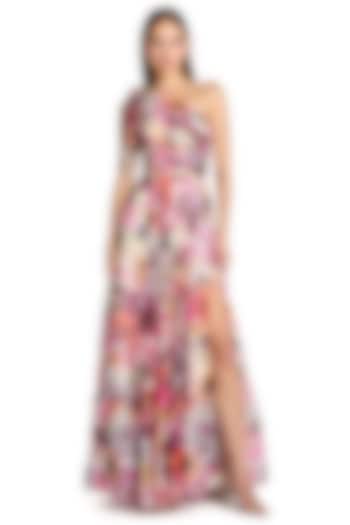 Multi-Colored Chiffon Floral Printed One Shoulder Engagement Gown by Mac Duggal at Pernia's Pop Up Shop
