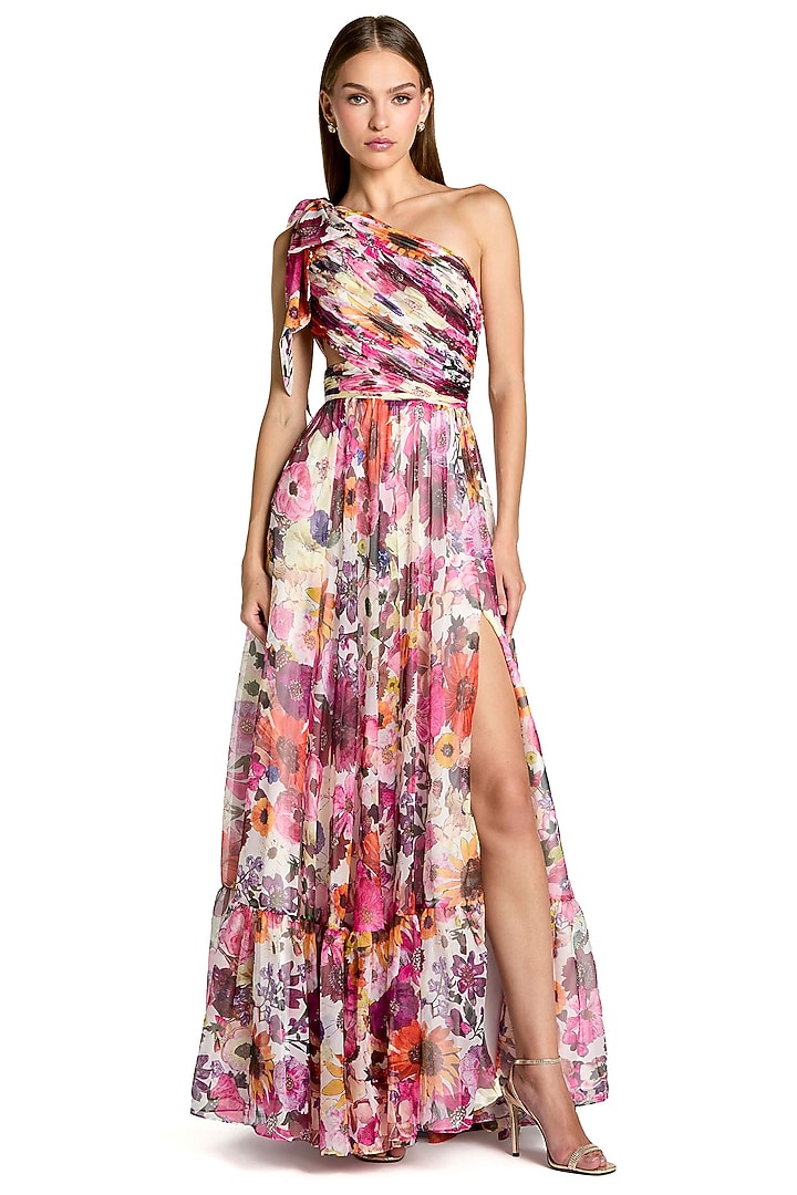 Multi-Colored Chiffon Floral Printed One Shoulder Engagement Gown by Mac Duggal at Pernia's Pop Up Shop