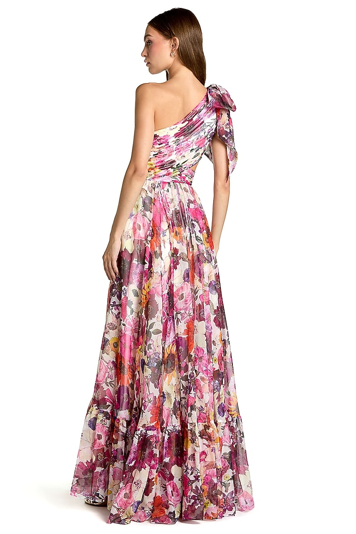 Multi-Colored Chiffon Floral Printed One Shoulder Engagement Gown by Mac Duggal at Pernia's Pop Up Shop