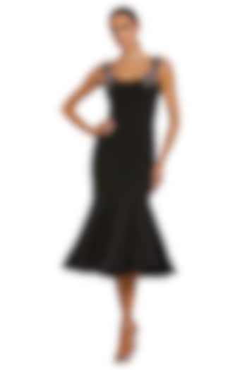 Black Polyester 3D Floral Applique Embellished Midi Cocktail Dress by Mac Duggal at Pernia's Pop Up Shop