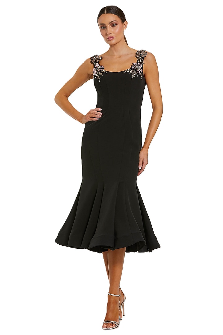 Black Polyester 3D Floral Applique Embellished Midi Cocktail Dress by Mac Duggal at Pernia's Pop Up Shop