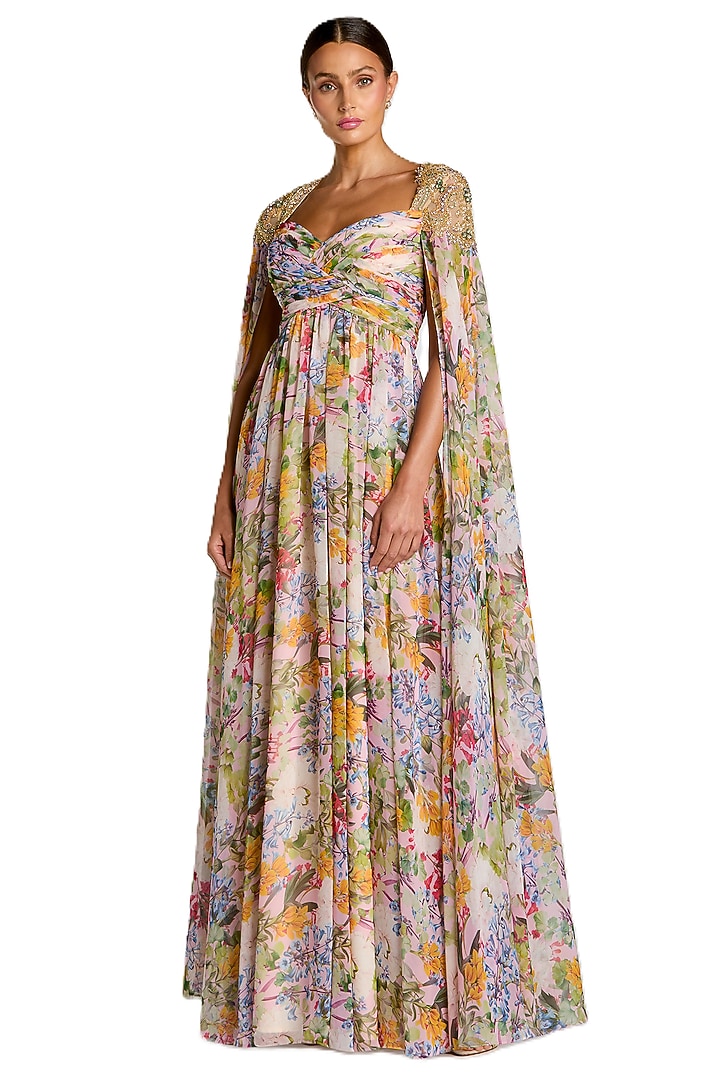 Multi-Colored Chiffon Floral Printed A-line Wedding Gown by Mac Duggal at Pernia's Pop Up Shop