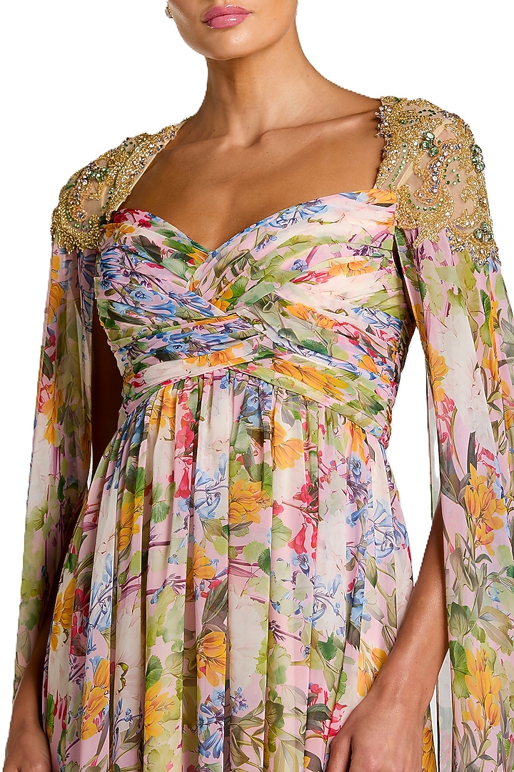 Multi-Colored Chiffon Floral Printed A-line Wedding Gown by Mac Duggal at Pernia's Pop Up Shop