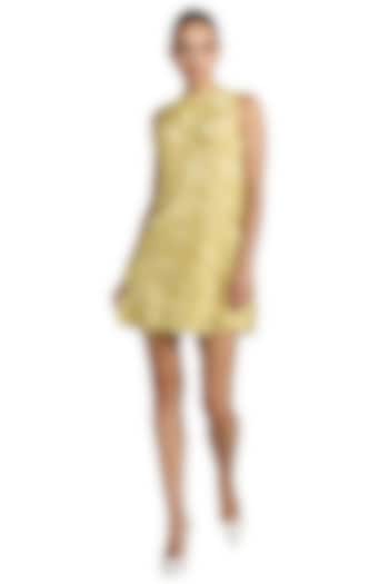 Yellow Mesh 3D Floral Applique Mini Party Wear Dress by Mac Duggal at Pernia's Pop Up Shop