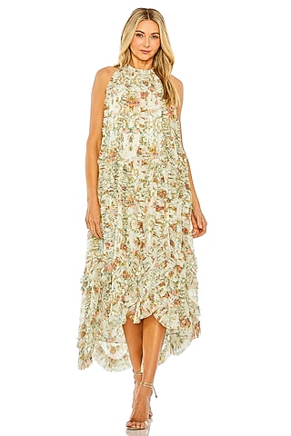 Ivory Mesh Floral Printed Mini Dress by Mac Duggal