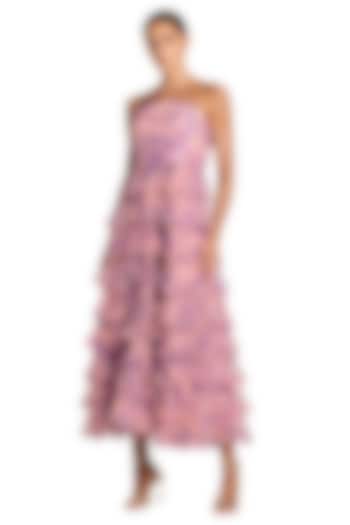 Multi-Colored Mesh Floral Printed Ruffled Maxi Cocktail Dress by Mac Duggal at Pernia's Pop Up Shop