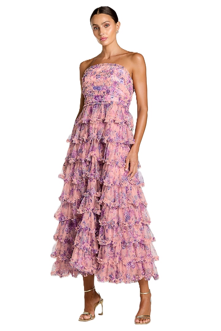 Multi-Colored Mesh Floral Printed Ruffled Maxi Cocktail Dress by Mac Duggal at Pernia's Pop Up Shop