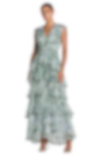 Blue Mesh Floral Printed Ruffled Maxi Party Wear Dress by Mac Duggal at Pernia's Pop Up Shop
