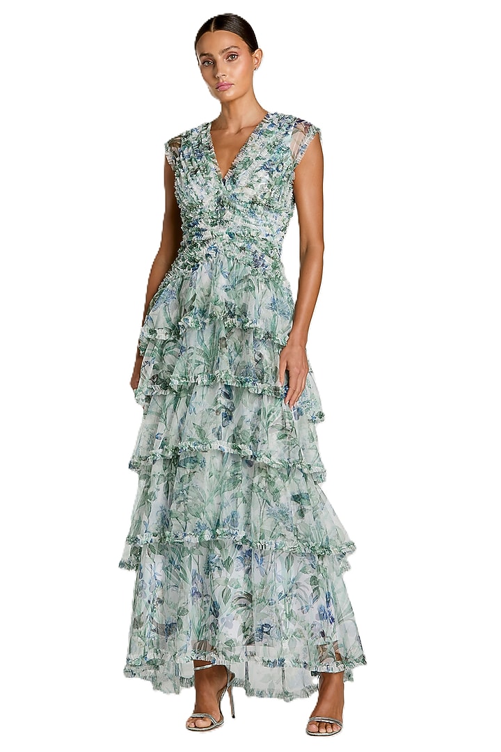 Blue Mesh Floral Printed Ruffled Maxi Party Wear Dress by Mac Duggal at Pernia's Pop Up Shop