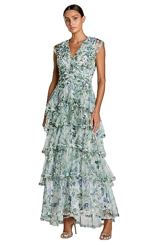 Blue Mesh Floral Printed Ruffled Maxi Dress by Mac Duggal