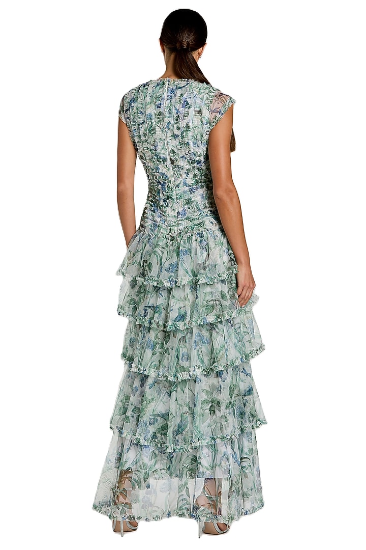 Blue Mesh Floral Printed Ruffled Maxi Party Wear Dress by Mac Duggal at Pernia's Pop Up Shop