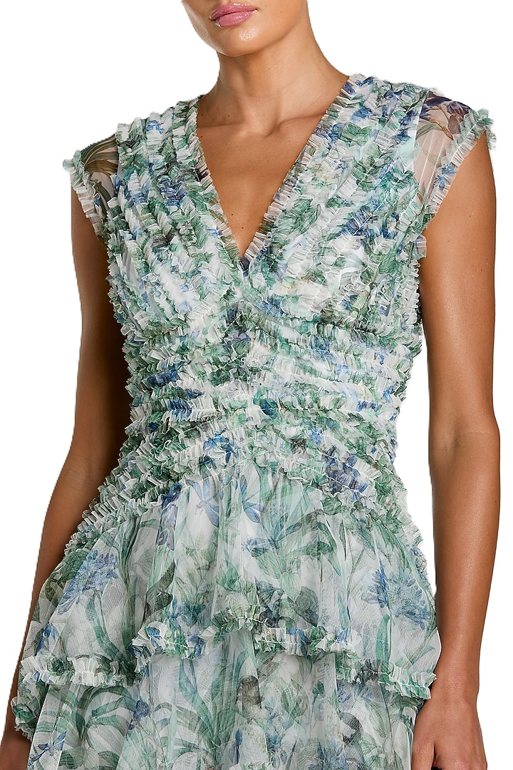 Blue Mesh Floral Printed Ruffled Maxi Party Wear Dress by Mac Duggal at Pernia's Pop Up Shop