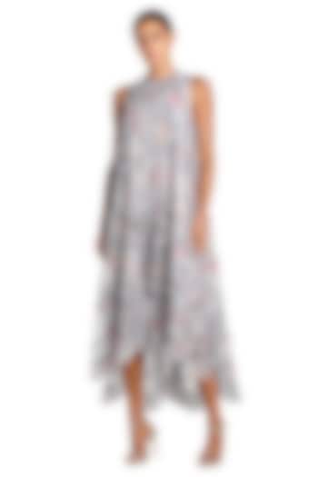 Grey Mesh Floral Printed High-Low Midi Cocktail Dress by Mac Duggal at Pernia's Pop Up Shop