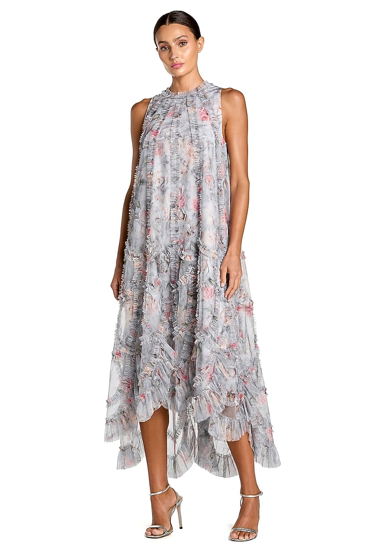 Grey Mesh Floral Printed High-Low Midi Cocktail Dress by Mac Duggal at Pernia's Pop Up Shop