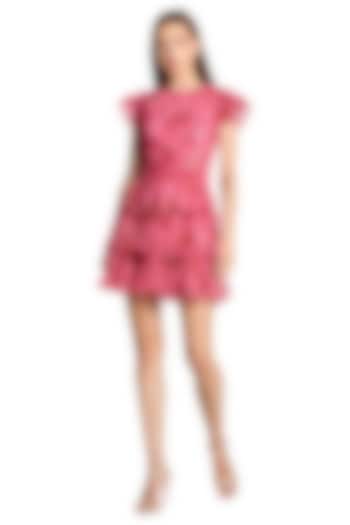 Pink Mesh Floral Printed Ruffled Mini Vacation Dress by Mac Duggal at Pernia's Pop Up Shop