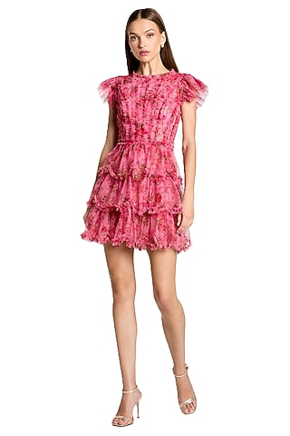 Pink Mesh Floral Printed Ruffled Mini Dress by Mac Duggal