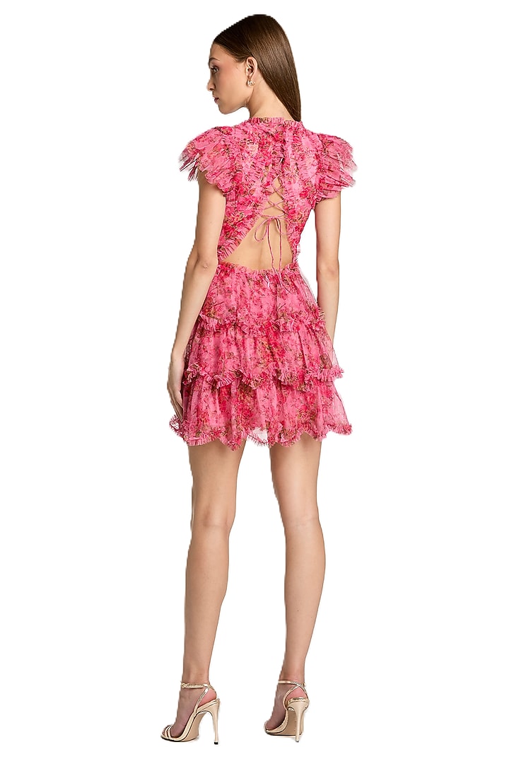 Pink Mesh Floral Printed Ruffled Mini Vacation Dress by Mac Duggal at Pernia's Pop Up Shop