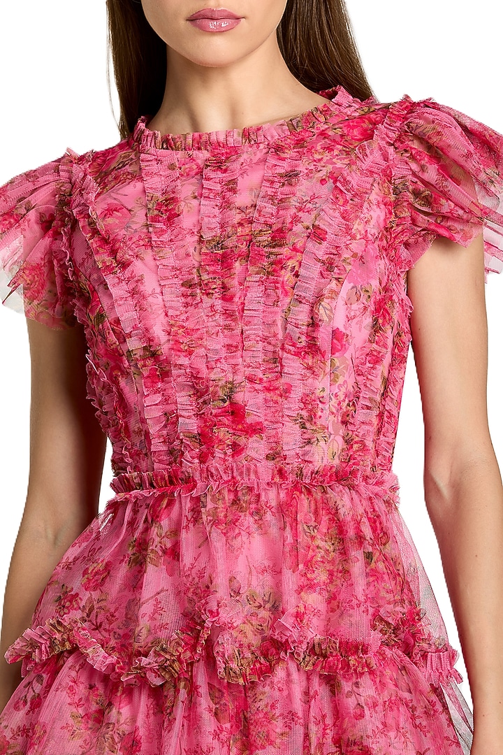 Pink Mesh Floral Printed Ruffled Mini Vacation Dress by Mac Duggal at Pernia's Pop Up Shop