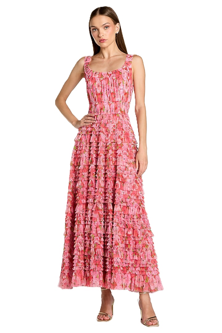 Pink Mesh Floral Printed Ruffled Maxi Party Wear Dress by Mac Duggal at Pernia's Pop Up Shop