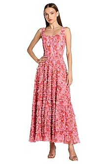 Pink Mesh Floral Printed Ruffled Maxi Dress by Mac Duggal-POPULAR PRODUCTS AT STORE