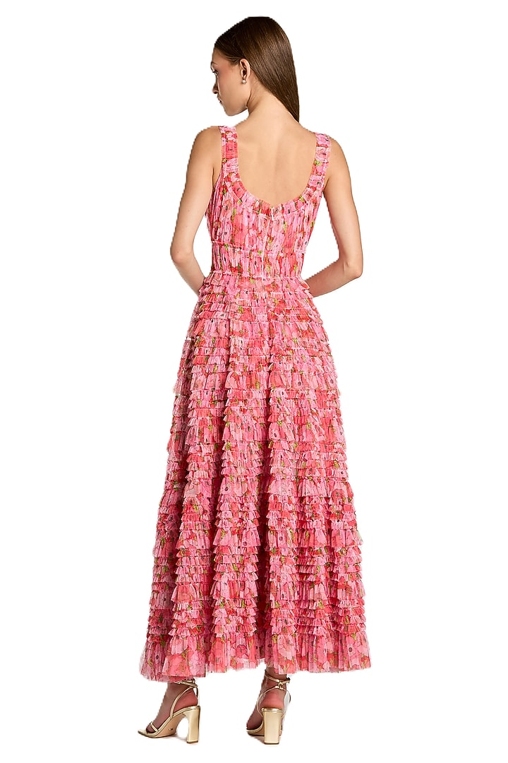 Pink Mesh Floral Printed Ruffled Maxi Party Wear Dress by Mac Duggal at Pernia's Pop Up Shop