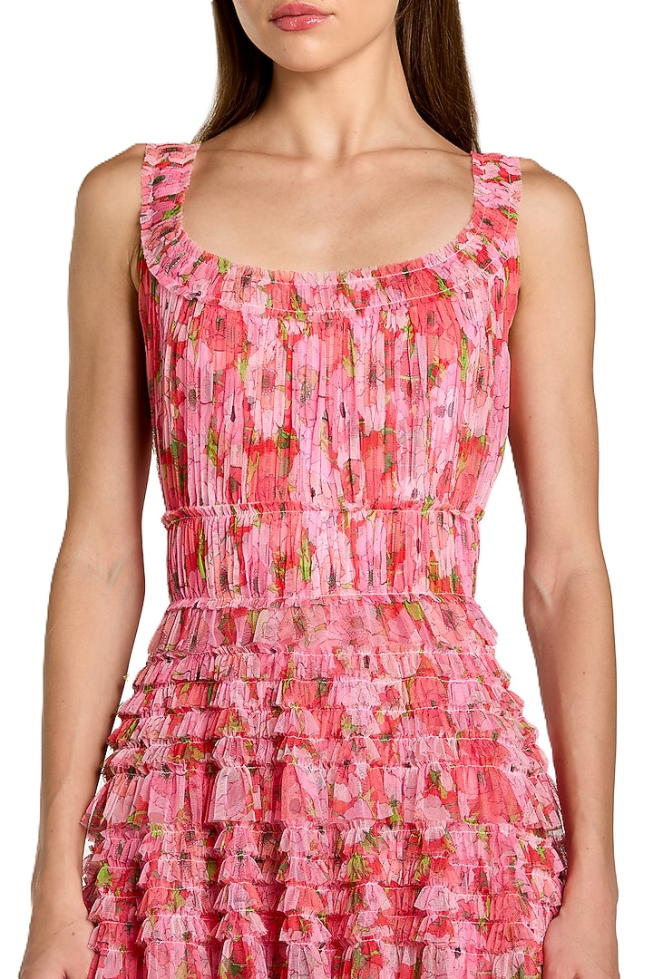 Pink Mesh Floral Printed Ruffled Maxi Party Wear Dress by Mac Duggal at Pernia's Pop Up Shop