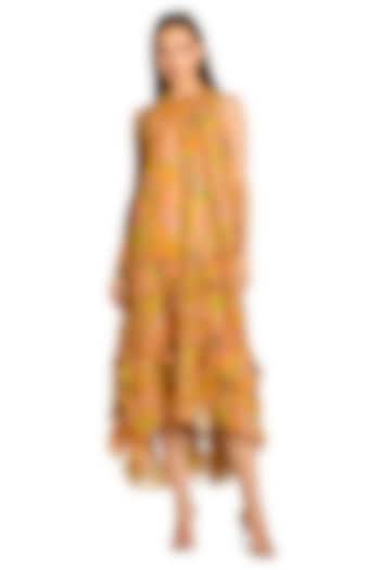 Orange Mesh Floral Printed Ruffled Midi Cocktail Dress by Mac Duggal at Pernia's Pop Up Shop