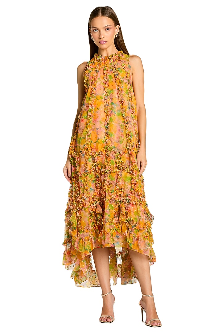 Orange Mesh Floral Printed Ruffled Midi Cocktail Dress by Mac Duggal at Pernia's Pop Up Shop