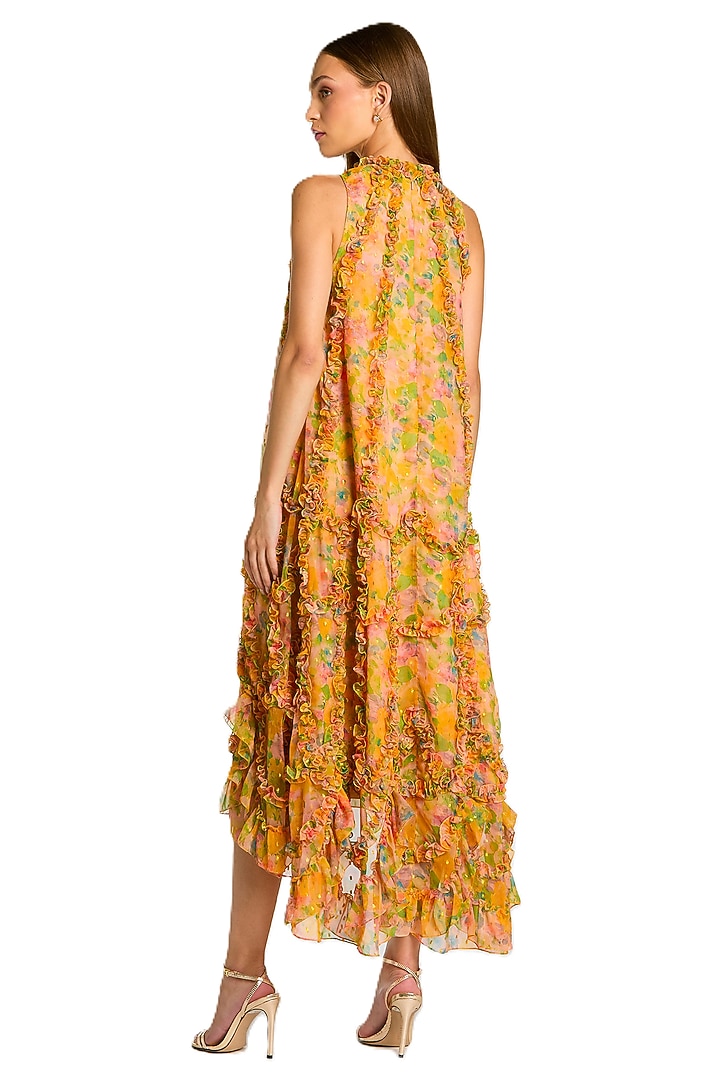 Orange Mesh Floral Printed Ruffled Midi Cocktail Dress by Mac Duggal at Pernia's Pop Up Shop