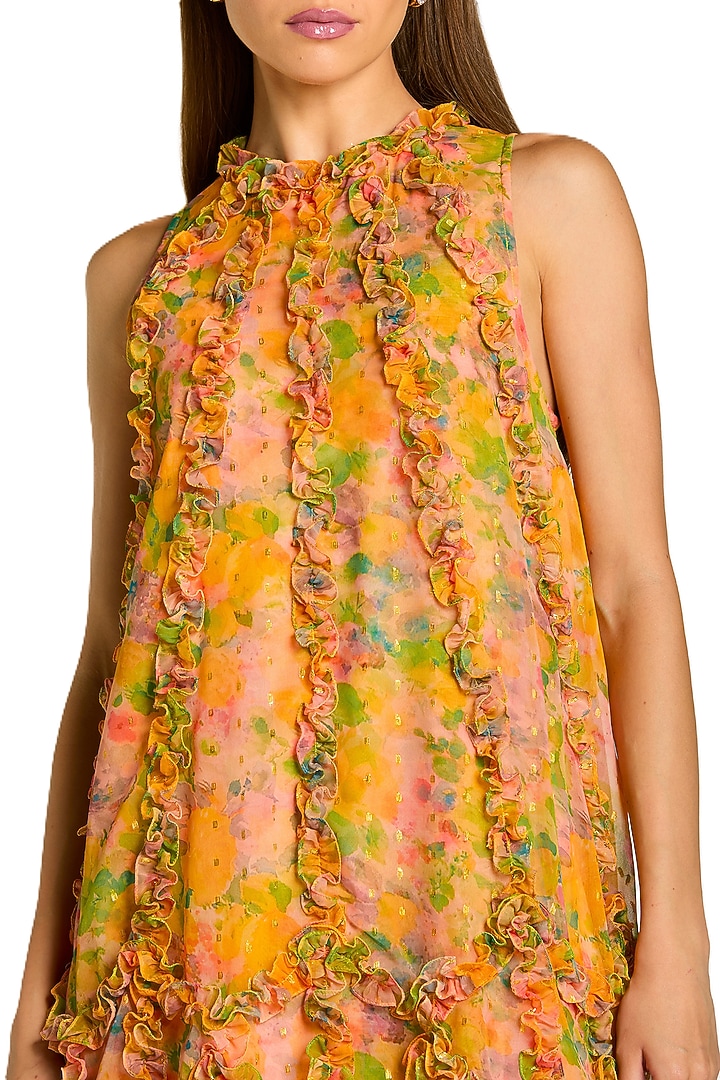Orange Mesh Floral Printed Ruffled Midi Cocktail Dress by Mac Duggal at Pernia's Pop Up Shop