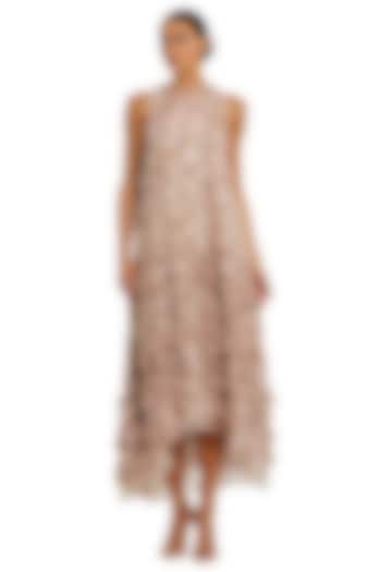 Pink Mesh Floral Printed Ruffled Midi Cocktail Dress by Mac Duggal at Pernia's Pop Up Shop