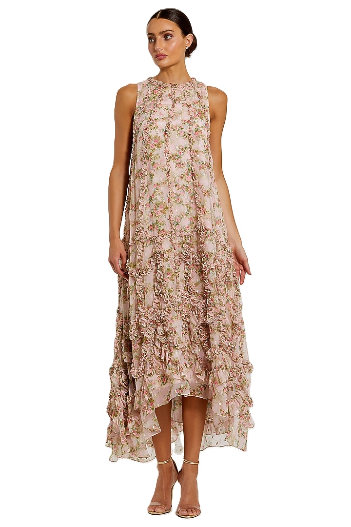 Pink Mesh Floral Printed Ruffled Midi Cocktail Dress by Mac Duggal at Pernia's Pop Up Shop
