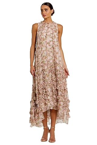 Pink Mesh Floral Printed Ruffled Midi Dress by Mac Duggal