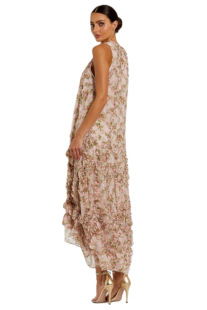 Pink Mesh Floral Printed Ruffled Midi Cocktail Dress by Mac Duggal at Pernia's Pop Up Shop