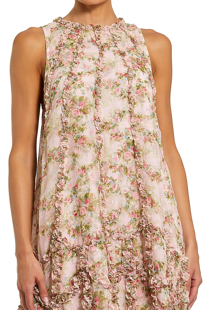Pink Mesh Floral Printed Ruffled Midi Cocktail Dress by Mac Duggal at Pernia's Pop Up Shop