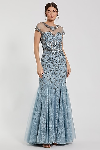 Slate Blue Net & Lace Embellished Gown by Mac Duggal