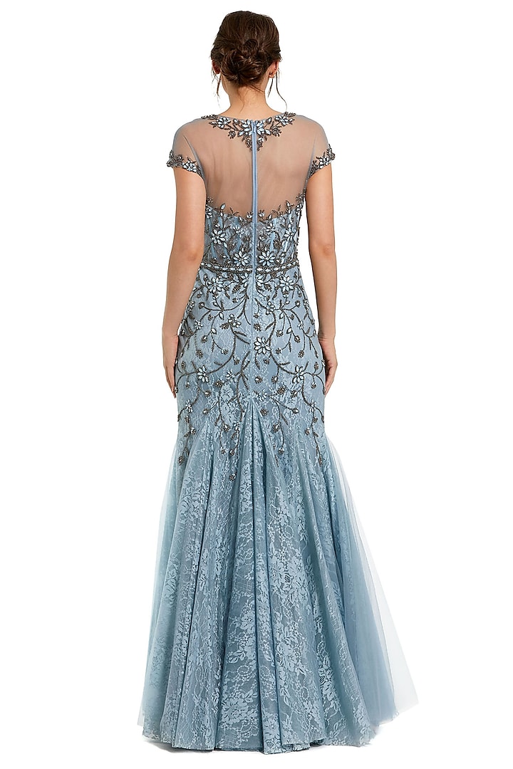 Slate Blue Net & Lace Embellished Wedding Gown by Mac Duggal at Pernia's Pop Up Shop