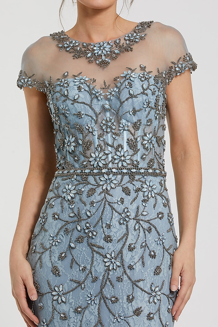 Slate Blue Net & Lace Embellished Wedding Gown by Mac Duggal at Pernia's Pop Up Shop