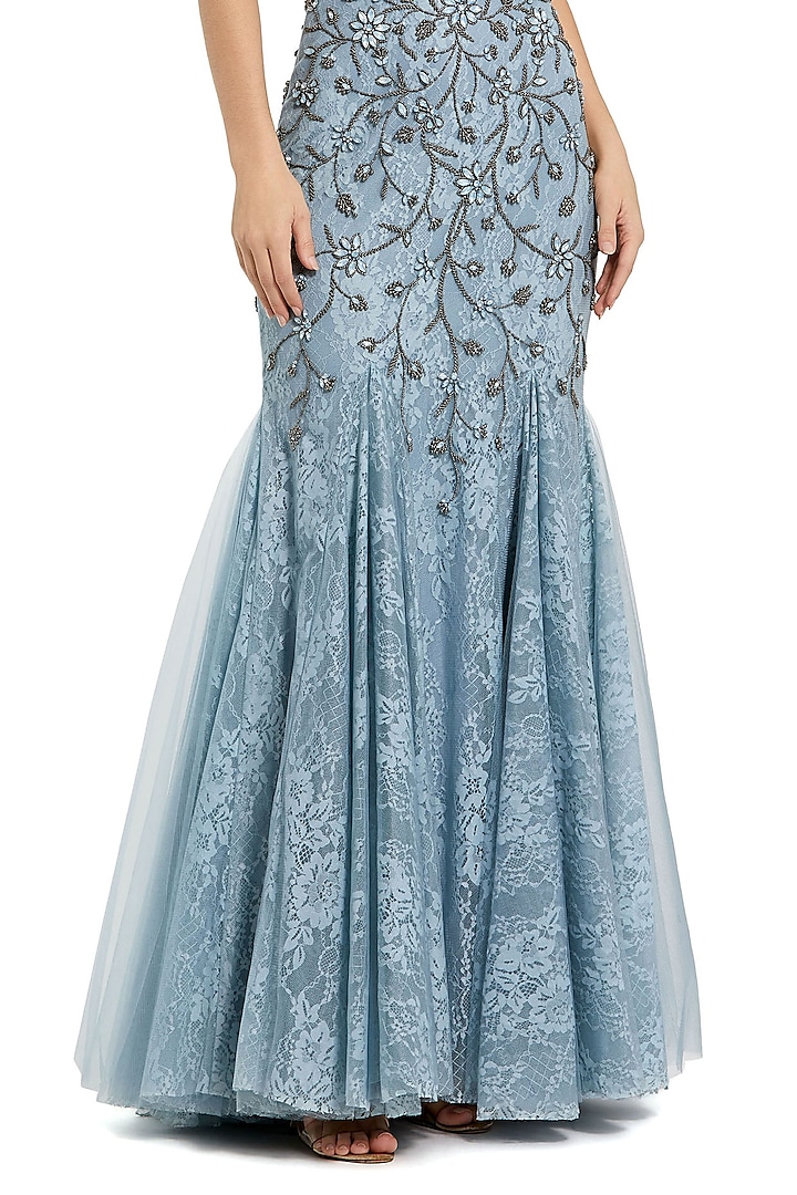 Slate Blue Net & Lace Embellished Wedding Gown by Mac Duggal at Pernia's Pop Up Shop