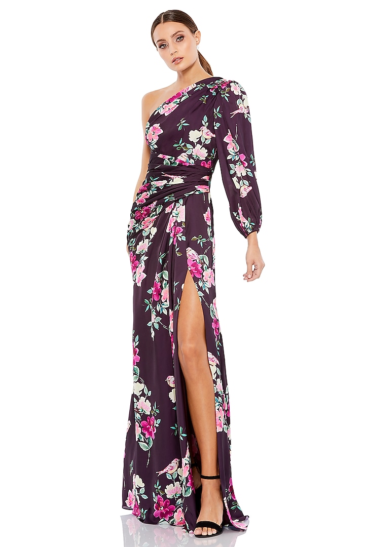 Plum Charmeuse Floral Printed Gown by Mac Duggal at Pernia's Pop Up Shop