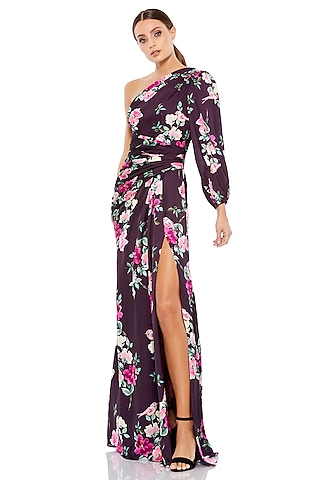 Plum Charmeuse Floral Printed Gown by Mac Duggal